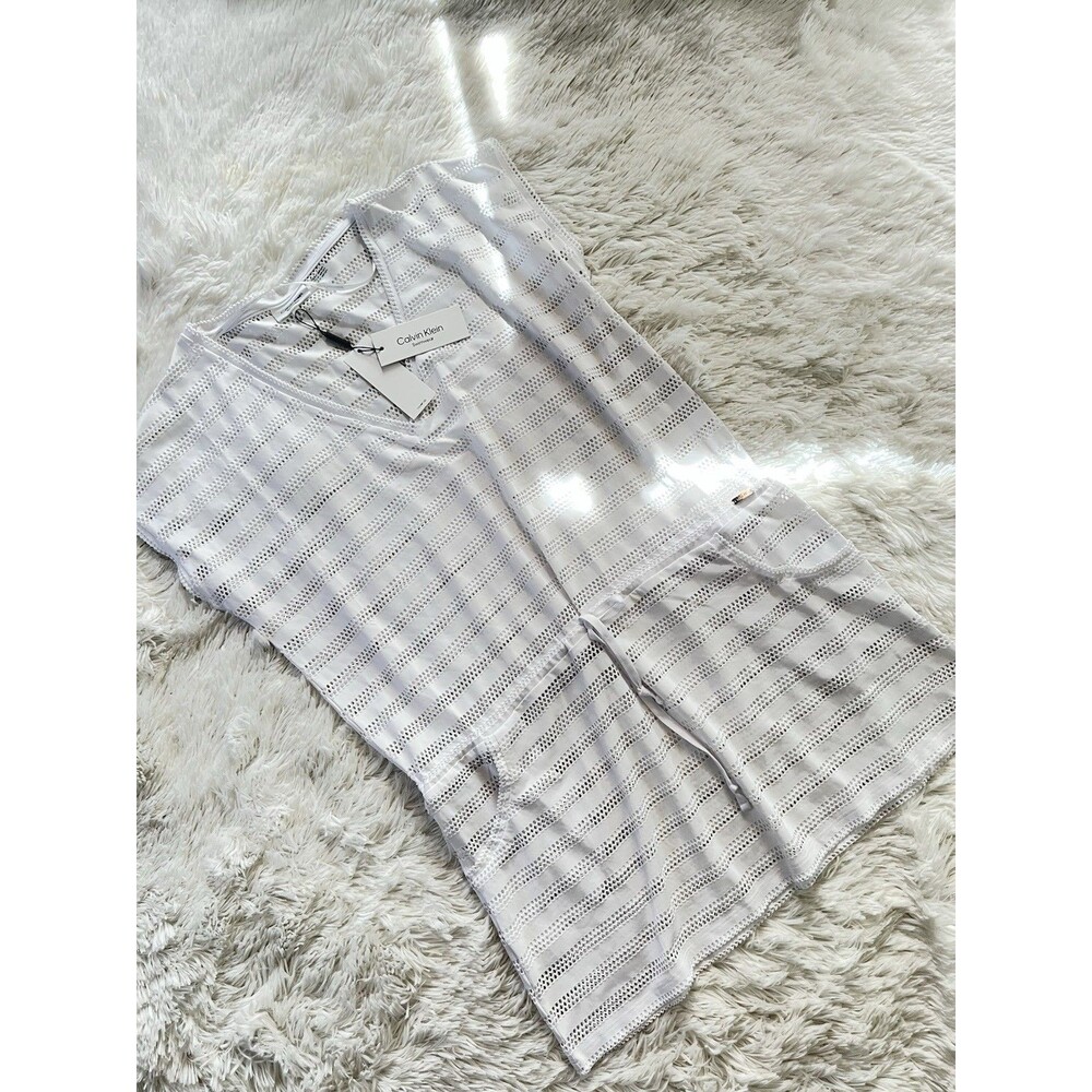 NWT Calvin Klein Swim Cover Up Dress Large White Striped Mesh Lace Midi Pockets